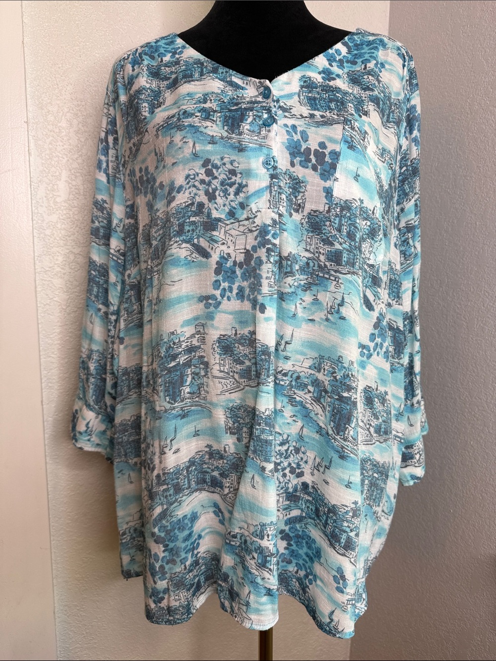 CJ Banks 3X Blue Coastal Harbor Scenic Print Lightweight Nautical Tunic Blouse